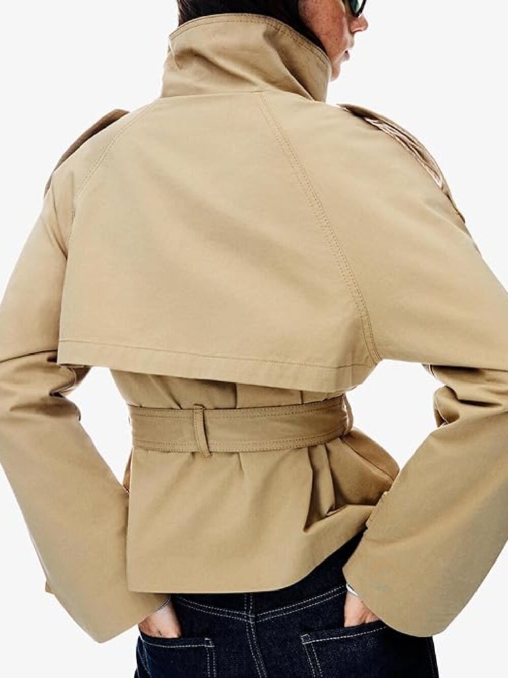 Women's Cropped Trench Coat Double Breasted Short Jacket High Collar Fall Winter - Picture 3 of 4